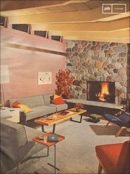 1953 Salon moderne avec cheminée en pierre - balayage de Better Homes and Gardens