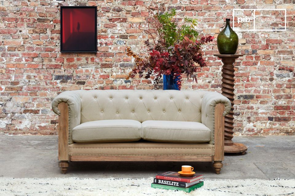 Canapé chesterfield 2 places lin et coton amande Montaigu
