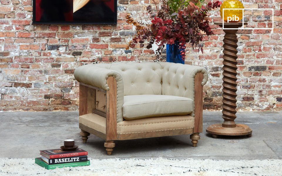 Fauteuil chesterfield en lin et coton amande Montaigu