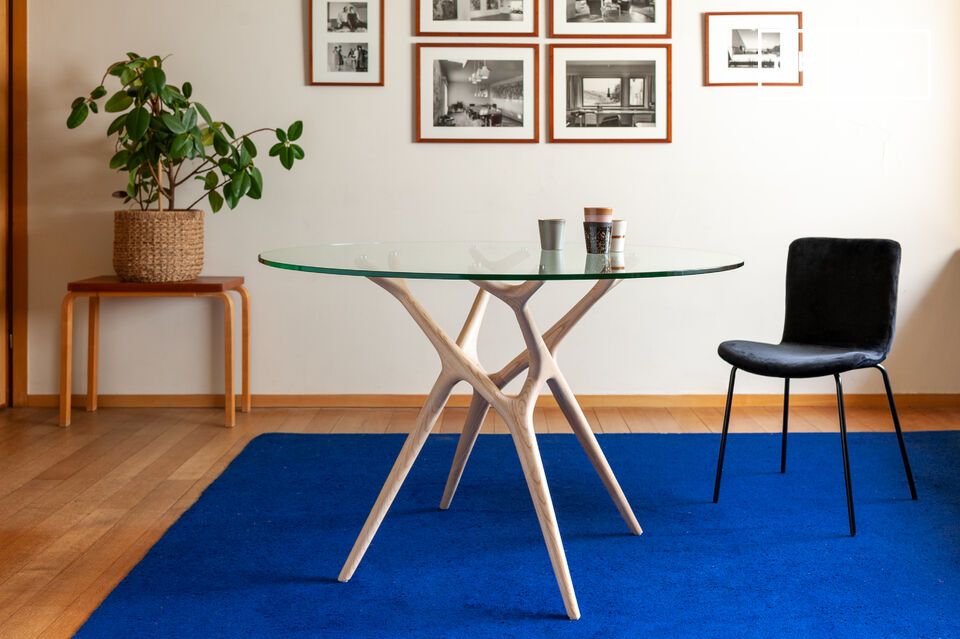 Table ronde en verre et frêne massif clair 6 personnes Sylvae