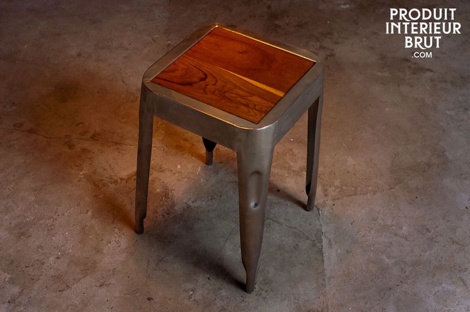 Tabouret métallique avec assise en teck